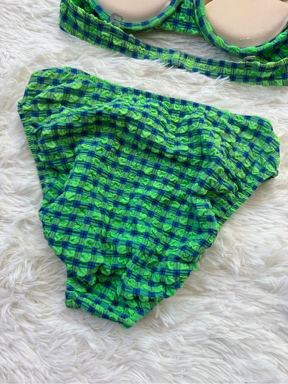 Vintage 90s Jantzen green blue gingham crinkle high cut bikini set medium - Picture 7 of 12